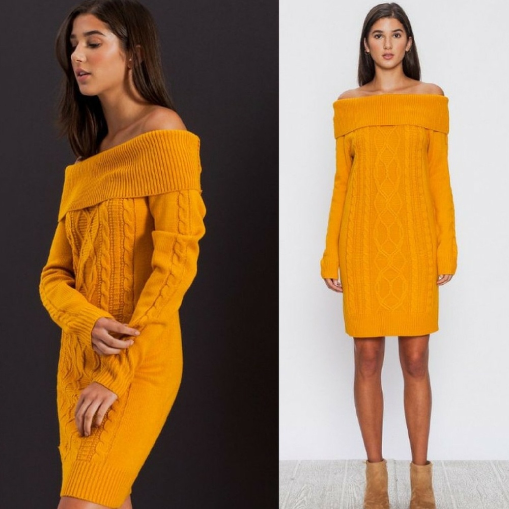 Mustard off the shoulder knit sweater dress